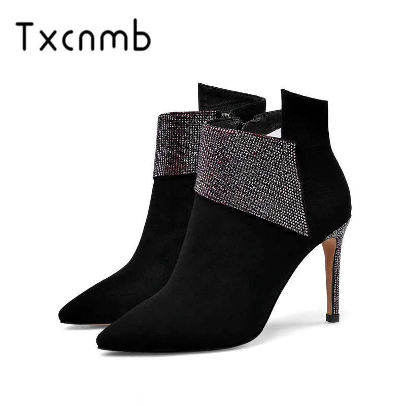 

TXCNMB High Heel Quality Suede Leather Zipper All Match Ankle Boots Retro Pointed Toe Autumn Women Shoes Size 34-40