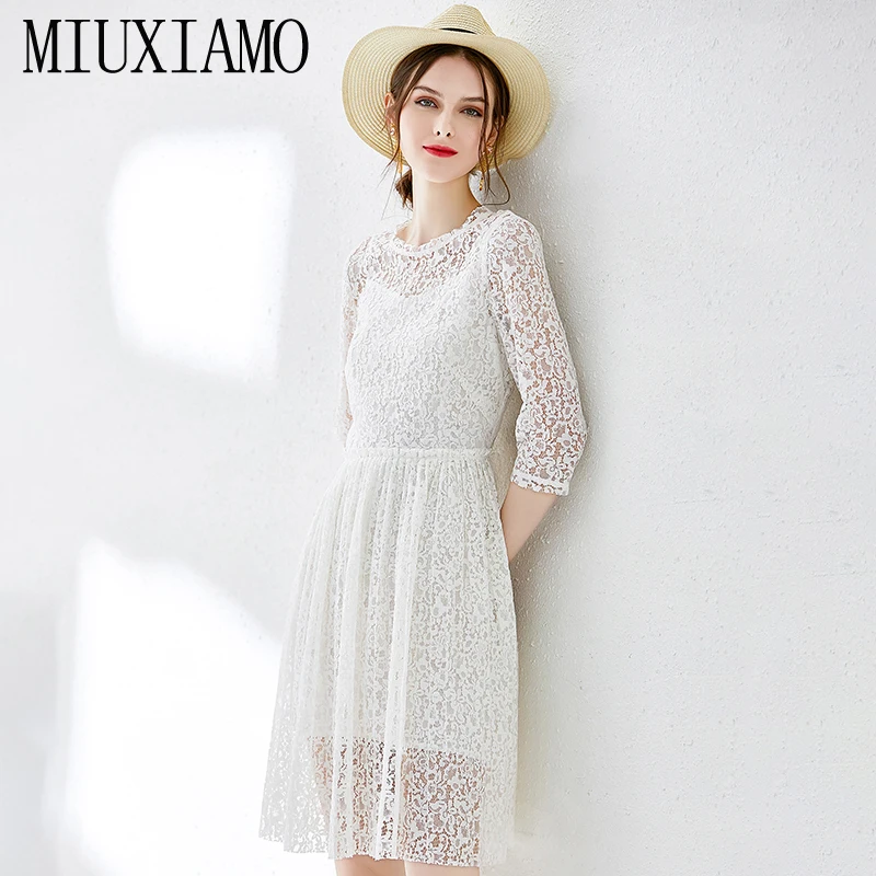 

MIUXIMAO Top Quality 2019 Early Autumn Dress Lace Half Sleeve Office Dress Eleghant Silm Casual Dress Women Vestidos