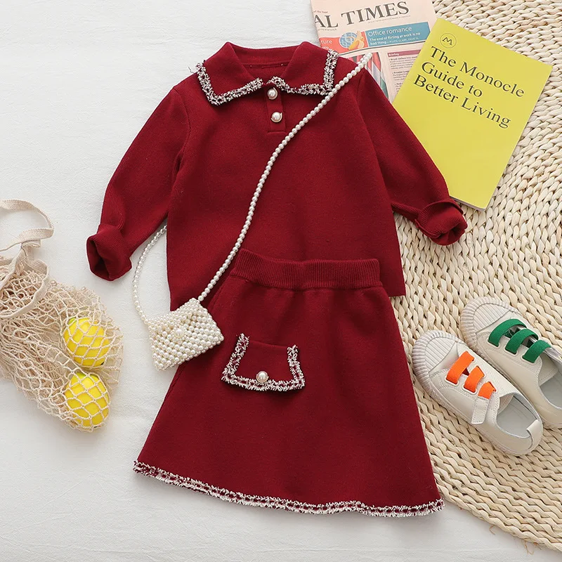 Новое поступление, Осенний модный красный вязаный костюм для девочек Детские комплекты из 2 предметов топ+ юбка без сумки