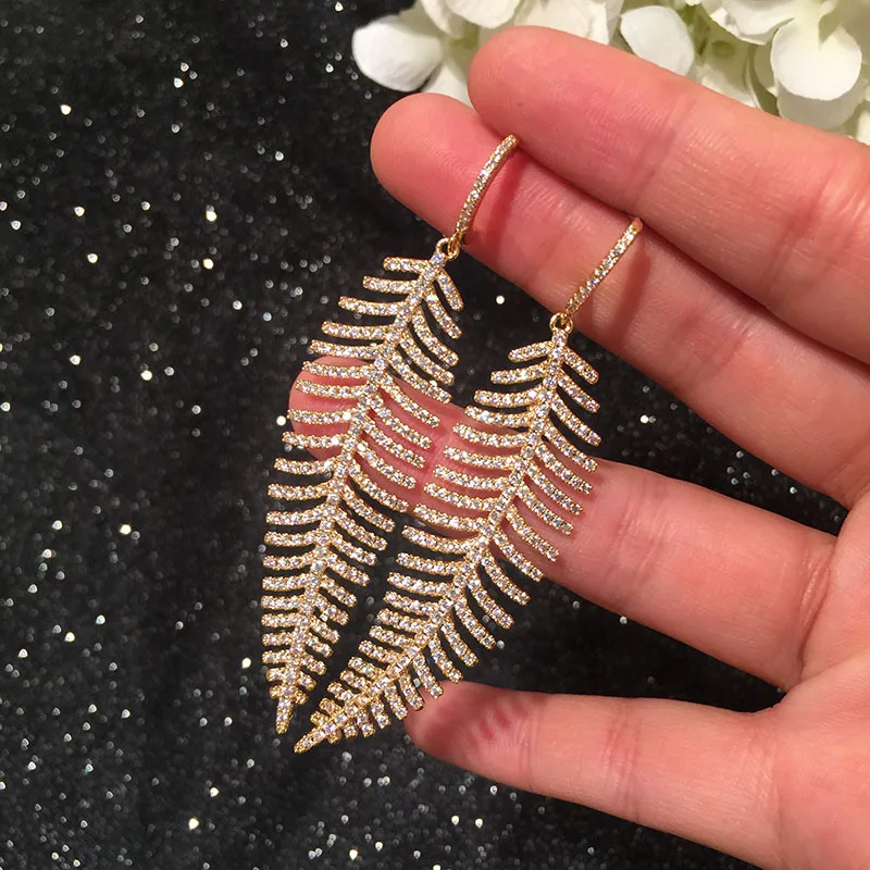 Dazz 925 Silver Trendy Long Leaf Hollow Out Gold Earrings Fashion Jewelry For Ladies Party Holiday Dress Accessories Gifts