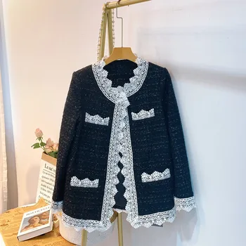 

Fall Winter WOmen Coats 2020 VIntage Chic Black Lace Tweed Jacket Woolen Coat For Women O-neck Long Outwear chaqueta mujer