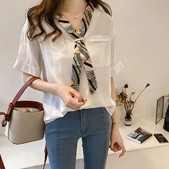 

Z 2019 Women T Shirt Summer White Stitching Collar Bow Tie Shirt Cotton College Style Five-point Sleeve Loose Thin T-Shirt