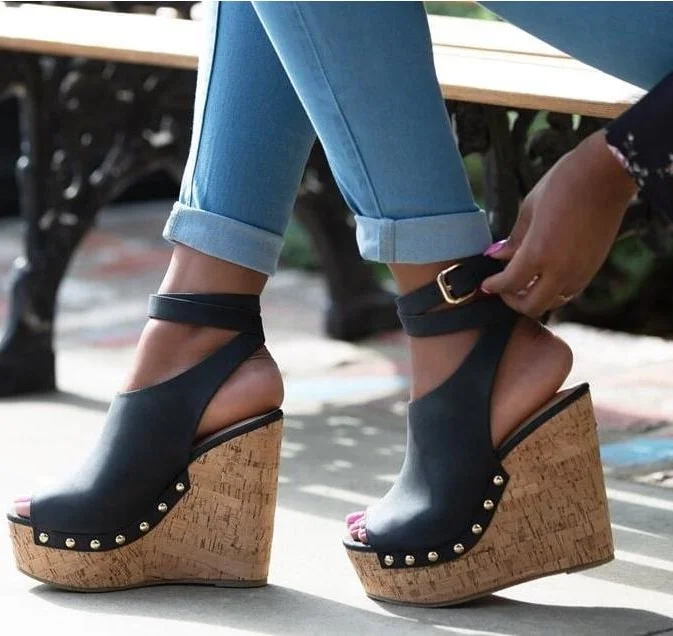 Women's Sandals Peep Toe Shoes Wedge Rivet High Heel Buckle Colorful Platform 