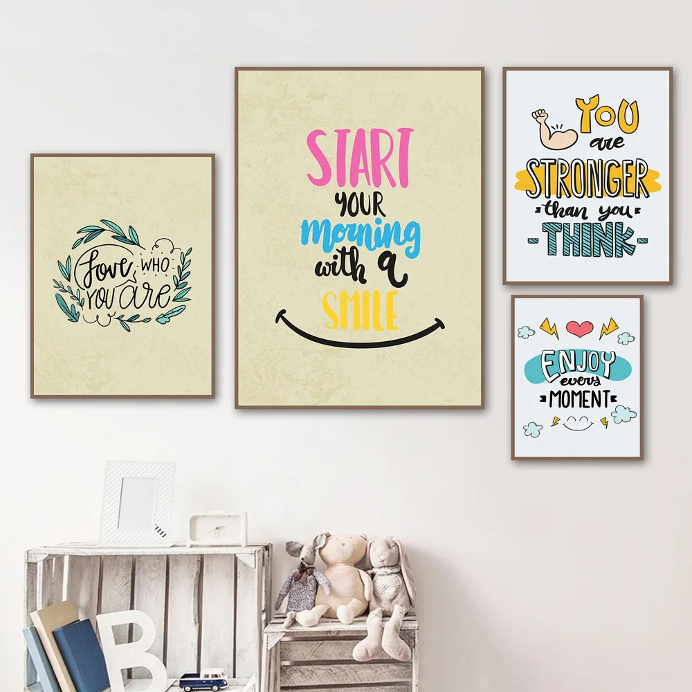 Мультяшная позитивная надпись Start Morning Smile Wall Art Холст для рисования плакаты на