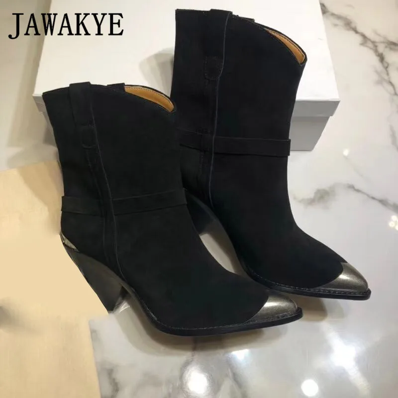 Metal decor pointed toe ankle boots genuine leather spike high heel slip-on chelsea boots runway shoes women cowboy boots