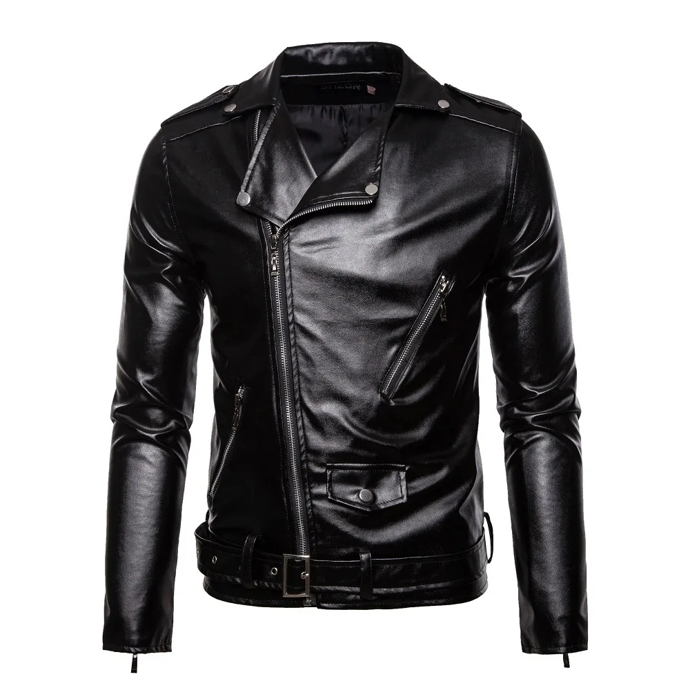 

2019 Autumn And Winter New Style Men Europe And America Fold-down Collar Zipper Decorations Locomotive Leather Coat