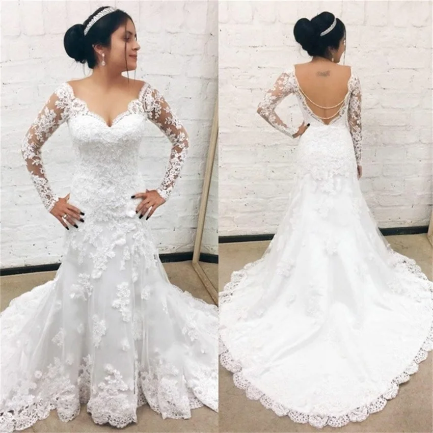 Robe de Mariee с v-образным вырезом и длинными рукавами, кружевные свадебные платья русалки, сексуальные свадебные платья без спинки, с коротким шлейфом, Vestido De Noiva