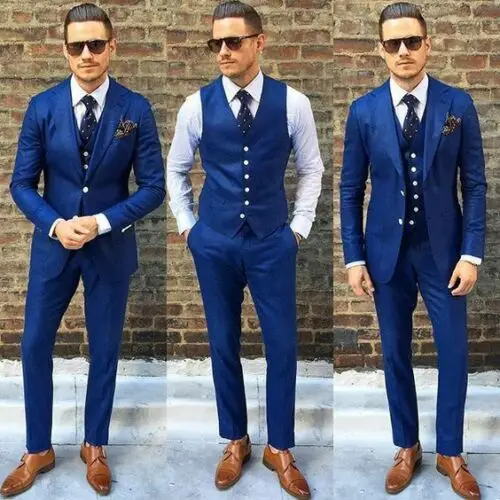 2020 New High quality Costumes Blue Men suits Formal Suits 3pcs Jacket Vest Pants Set Wedding Groom Tuxedos Prom Slim Fit Suits