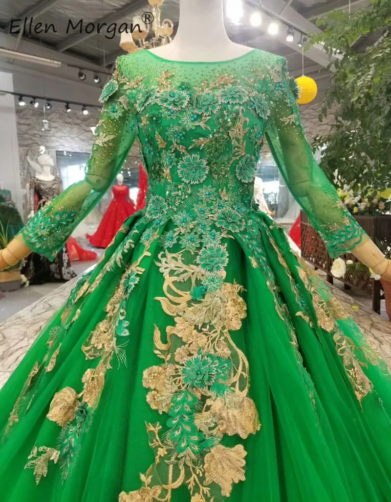 Arabic Muslim Green Evening Dresses Long Sleeves Elegant Boat Neck Applique Tulle Formal Party Ball Gowna For Wowam
