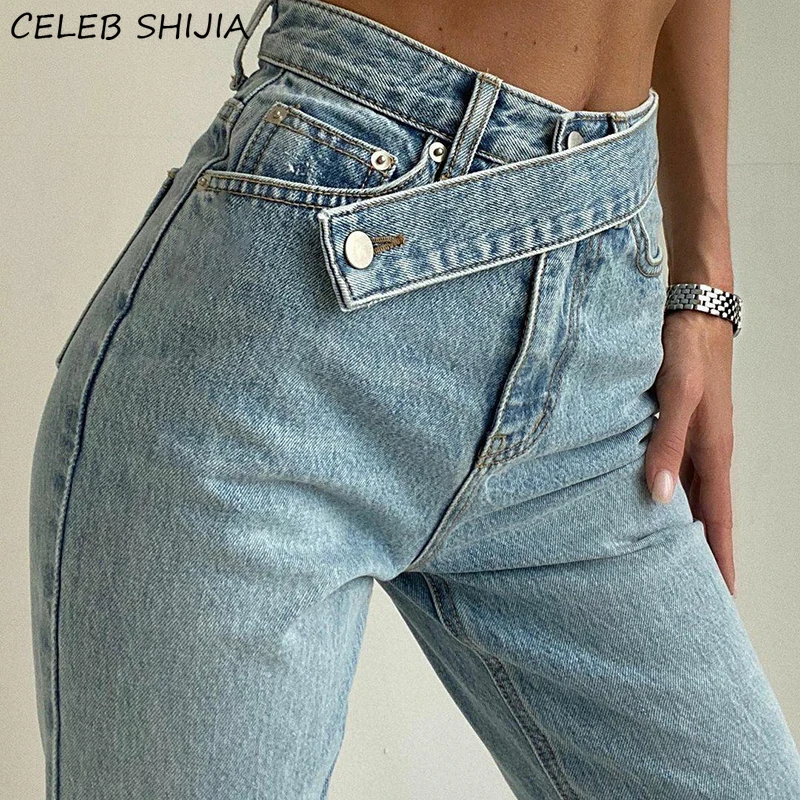 Vaqueros Vintage de cintura alta para mujer, pantalones de pierna recta con cinturón inclinado, azul claro, ropa de calle femenina, Vaqueros Chic Y2k para mamá