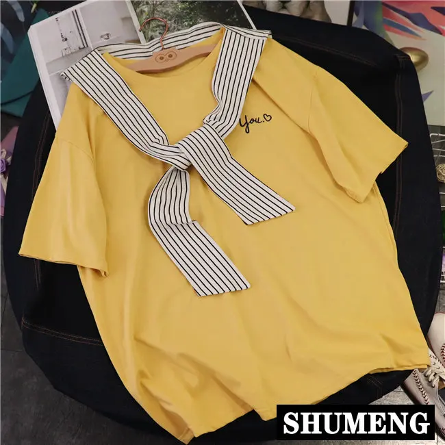 Summer Loose Tee Shirt Woman Short Sleeve Simple Letter Pinstripe Shawl Bow Tie Casual T Femme Comfortable Oversized Top | Женская