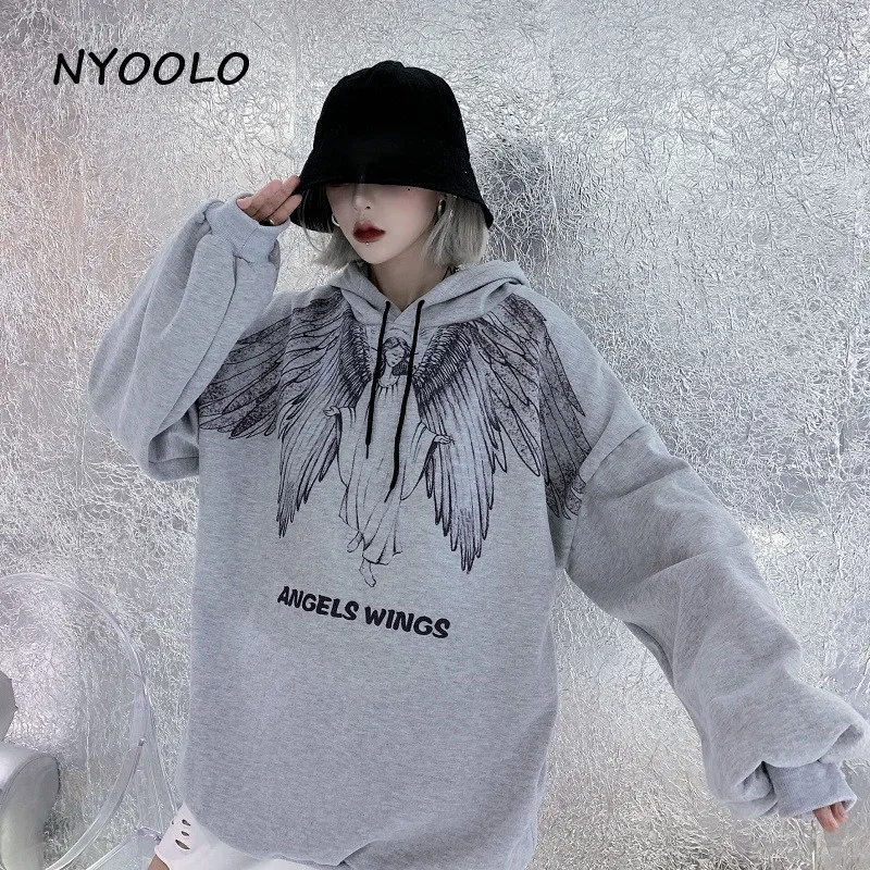 NYOOLO Harajuku Винтаж Крылья ангела с буквенным принтом теплые флисовые толстовки осень зима свободные пуловеры с капюшоном Толстовка для женщин и мужчин - Цвет: Серый