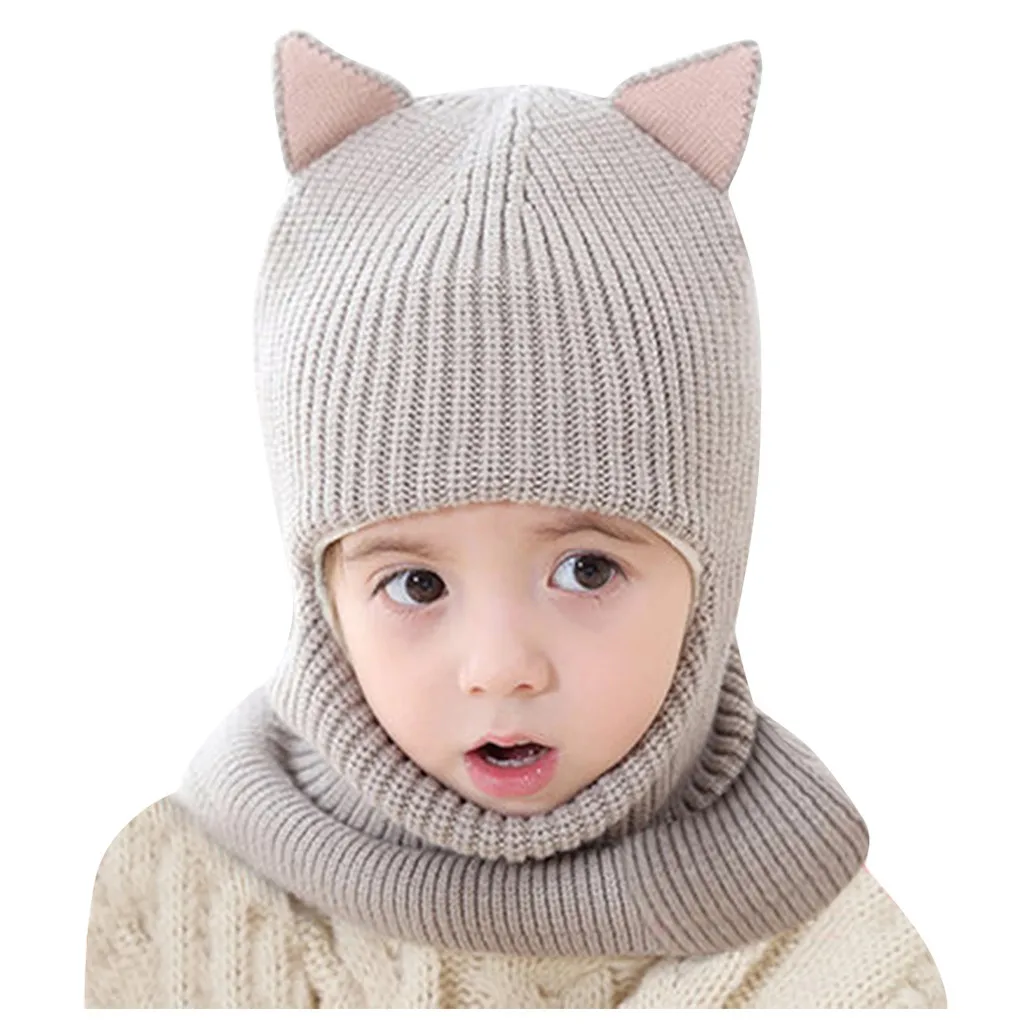 Детские зимние шапки с ушками для девочек и мальчиков, Детские теплые шапки, шарф, комплект для маленьких мальчиков и девочек, вязаная Шапочка, Детская шляпа, вязаная Милая шапка - Цвет: E