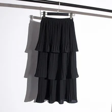 Летние женские милые длинные шифоновые юбки с воланом, высокая талия, длинная однотонная многослойная юбка-пачка, плиссированная юбка, эластичная юбка