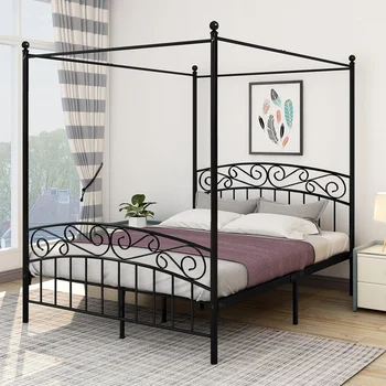 

Metal Framed Canopy 4 Posters Platform Bed Frame Strong Steel Mattress No Box Spring Needed Support Bedroom Furniture Queen Size