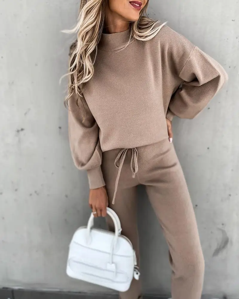 

2020 Women Fashion Casual Two-Piece Set Suits Set Female Autumn Clothes Long Sleeve Top & Drawstring Pocket Design Pants Set