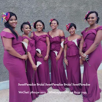 

Off Shoulder Long Bridesmaid Dresses With Ruffles Waist Wholesale Purple Satin Mermaid Wedding Guest Dress Party Gown