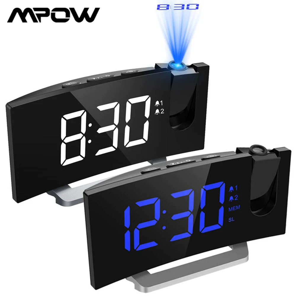 MPOW LED FM Projection 2 Alarms Clock Multifunctional 5-inch Curved Screen 5 Levels Display Brightness 4 Adjustable Alarm Sounds