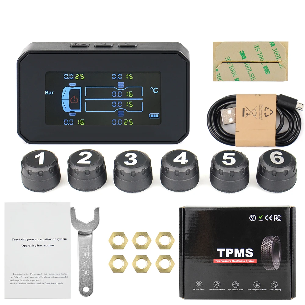 For Truck Car TPMS Tire Pressure Monitoring System  6PCS External Sensor LCD Color Screen Monitoring Tire Pressure RangeUniversal Truck TPMS With 6 External Sensors Tire Pressure Monitor Solar Charging Monitor TMPS Tyre Pressure Sensor back up sensors