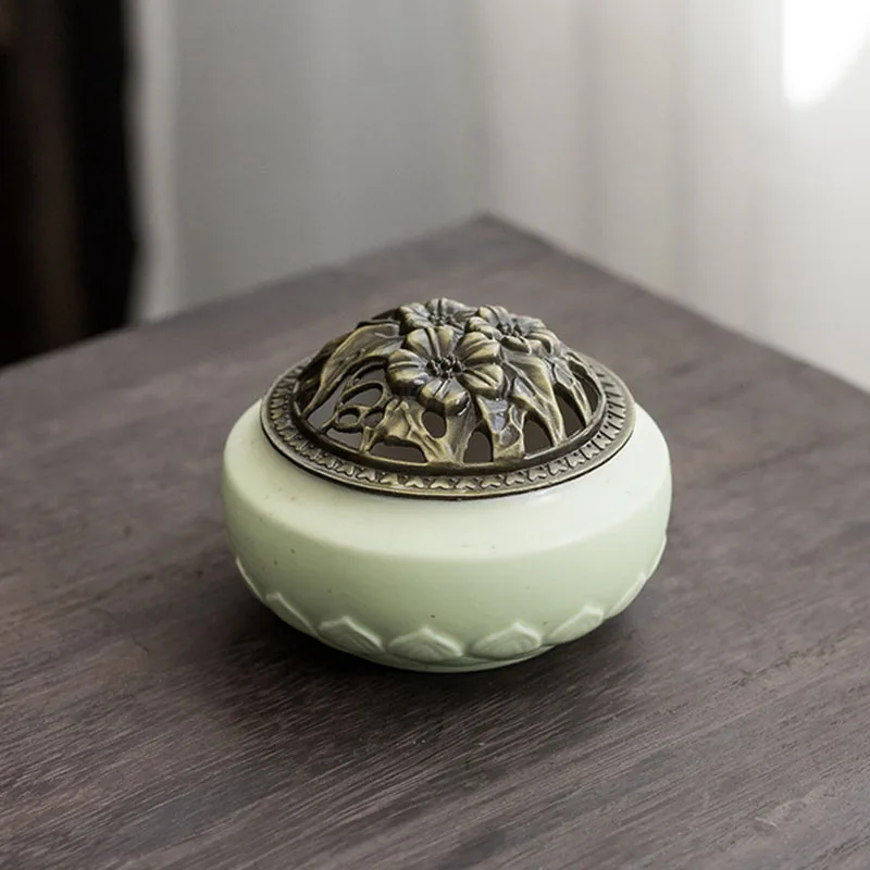 Celadon ледяная, с трещинами глазурь ладан горелка сплав крышка печь для ароматерапии благовонная катушка сандаловое дерево держатель Крытый домашний декор