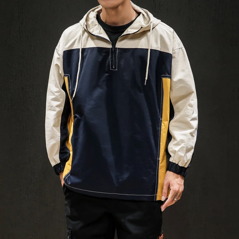 

2019 Autumn And Winter Men's New Casual Color Matching Pocket Decoration Hooded Hoodies Loose Temperament Trend Cotton