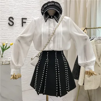 

2020 Early Spring New Korean Western Style Long Sleeve Chiffon Shirt + High Waist Beaded Pleated Skirt Two Piece Set