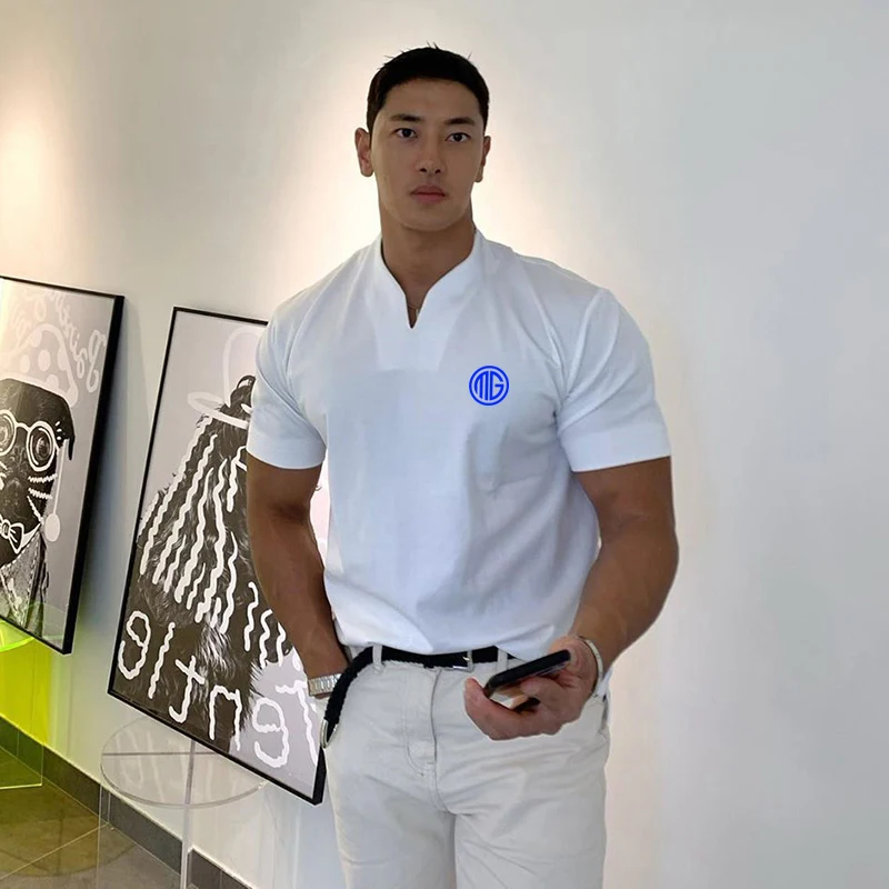 

2021 New Mens Training Fashion Short Sleeve Fitness Tshirt Cotton Clothing Bodybuilding Casual Sports Running V-neck T Shirts