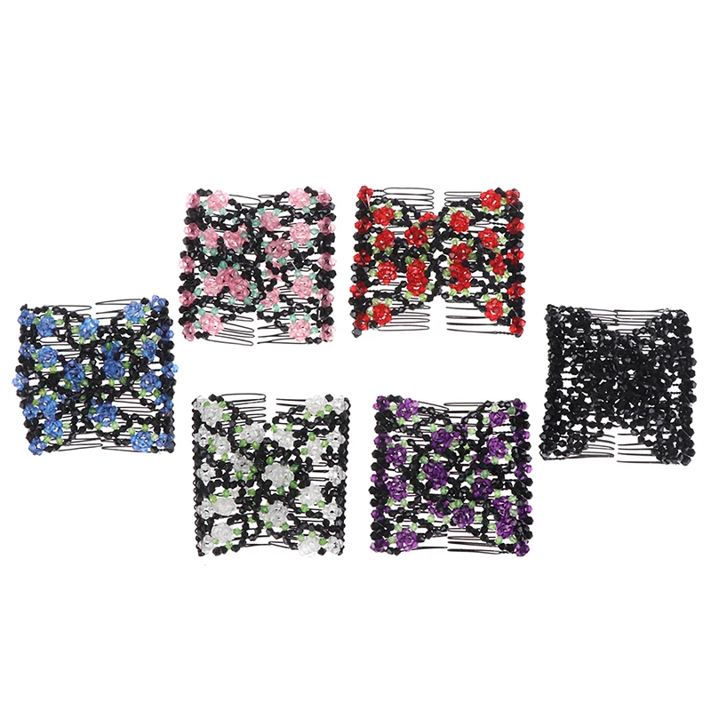 Vintage Flower Bead Stretchy Hair Combs Double Magic Slide Metal Comb Clip Hairpins For Women Ladies Hair Accessories Gift