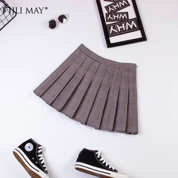 

JLI MAY High Waist Pleated Skirts Autumn Empire Plaid Slim Girls Skirt Plus Size Sweet Preppy Style