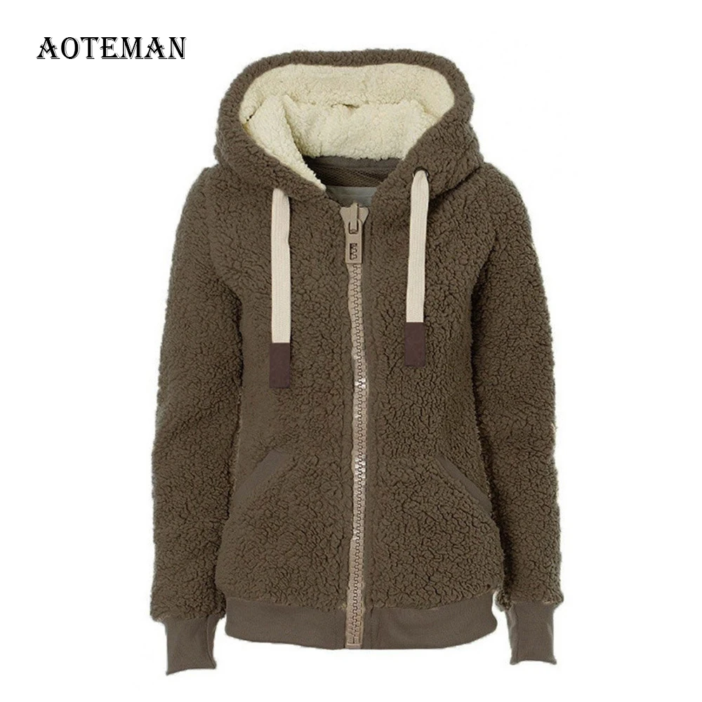 

Autumn Winter Coat Women 2019 Casual Hoodie Patchwork Drawstring Thick Teddy Coat Female Vintage Zipper Plus Size Faux Fur Coats