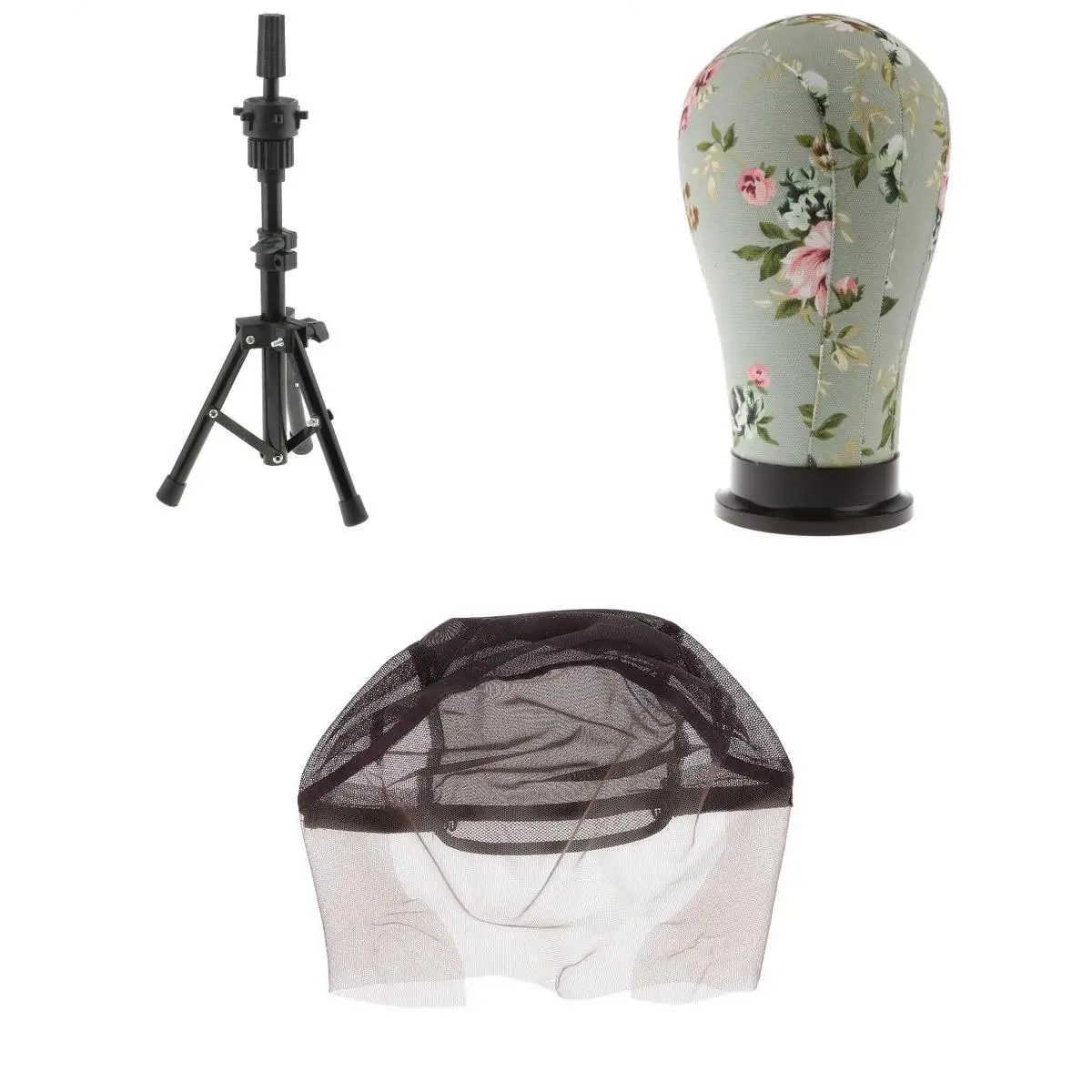Stretchable Lace Net Canvas Head Cork Block Manikin Model with Tripod Holder Stand for Wig Lace Making Weaving