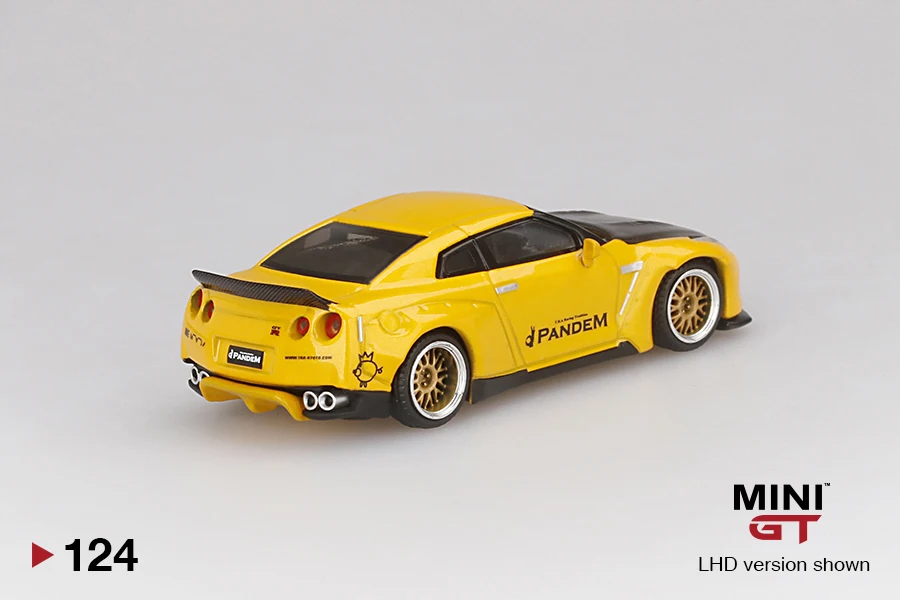 Pre Order Mini GT 1/64 Pandem Nissan GT-R R35  Duck Tail Metallic Yellow Carbon 