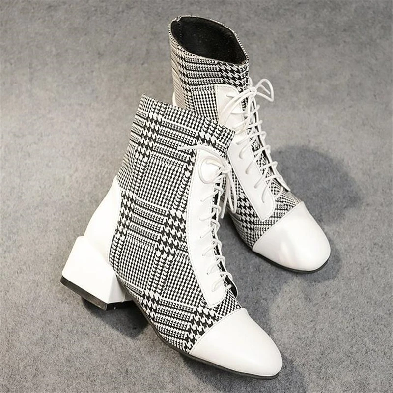 

Sexy Ankle Boots For Women Black White Boots Plush Shoes Women Boots Gingham 2019 New Autumn Winter Fashion Heels Boots Women's