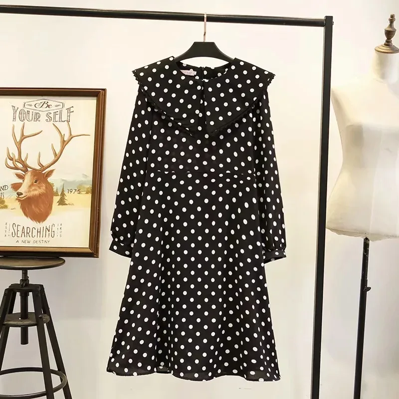 

2020 Spring And Autumn New Style Sweet Large Size Peter Pan Collar Contrast Color Dotted Long Sleeve a Version Long Dress Women'