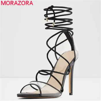 

MORAZORA 2020 big size 45 women sandals cross tied peep toe summer thin high heel party wedding shoes ladies gladiator sandals