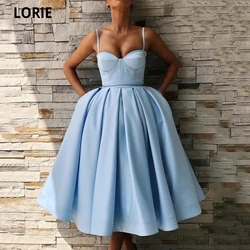Elegant Blue Short Homecoming Dresses Sweetheart Spaghetti Straps Satin Party Dresses Knee-Length Pleated A-Line Prom Dresses