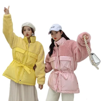 

2019 Winter Jacket Women Lamb Down Spliced Cotton Coat Veste Femme Campera Mujer Harajuku Dames Jassen Winter Stand Collar Parka