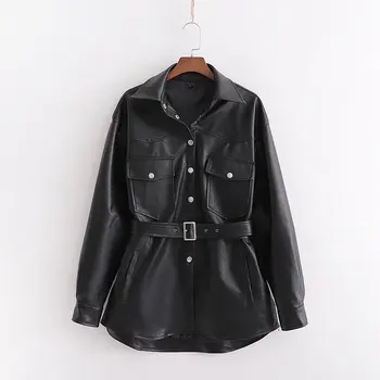 

Ladies Faux Leather Jacket Spring Autumn European American Fashion Women Tunics Black Tiebelt Wrap Leather Coat chaquetas cuero
