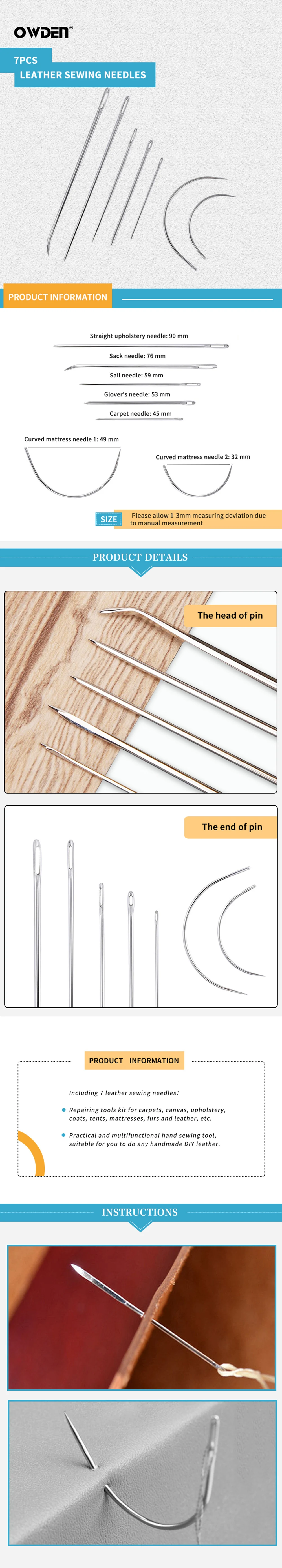 OWDEN 7pcs Leathercraft DIY Leather Hand Repair Curved Sewing Needles Set Leather fur Stainless Steel Pin Stitch Needlework Kit