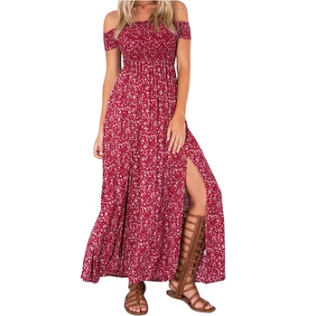 

Bohemian Summer Dresses 2020 Red Floral Casual Long Dress For Women Boho Dresses Off Shoulder Long Beach Vestidos Sexy Sundress