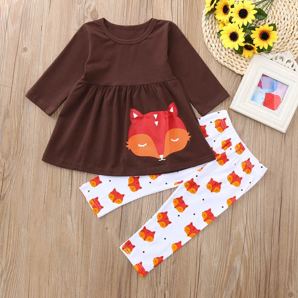 

kids clothes girls set Fox cartoon pattern long-sleeved top (brown) and printed pants two-piece toddler girl clothes cute