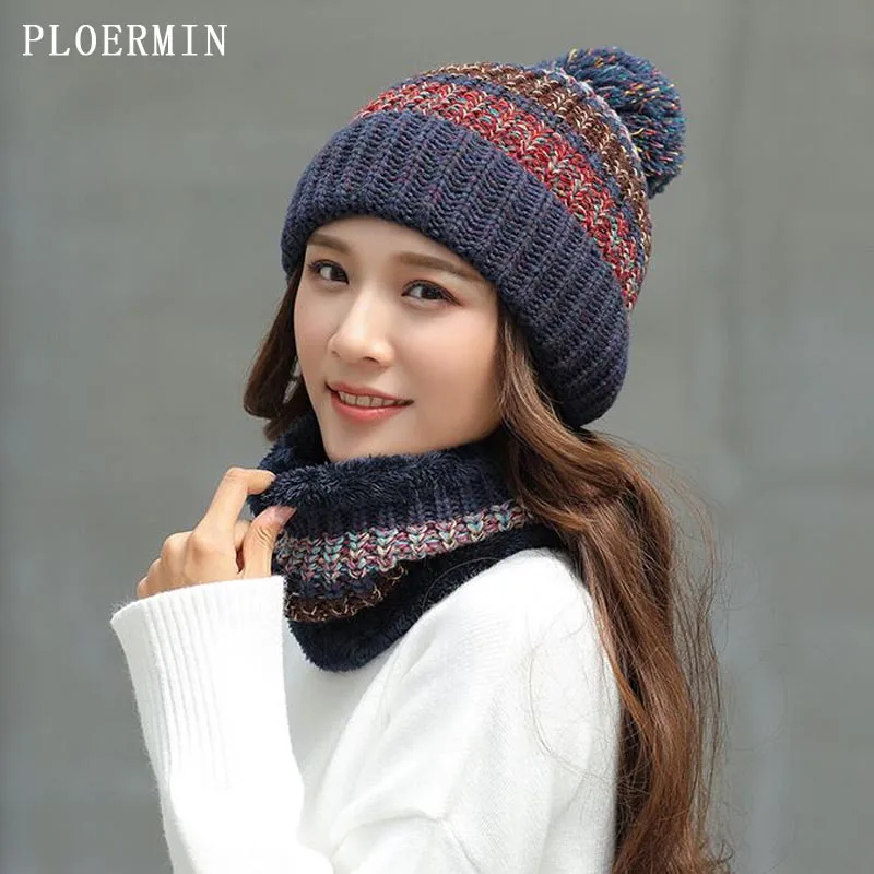 

Brand Winter Beanies For Women Mixed Colors Knitted Hat Scarf Set Skullies Beanies Knit Pompom Keep Warm Caps Female Winter Hat