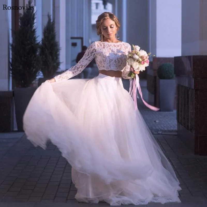Boho/пляжные свадебные платья 2019, два предмета, с длинными рукавами, кружевной топ, с коротким шлейфом, скромные, Vestido De Novia Свадебные платья