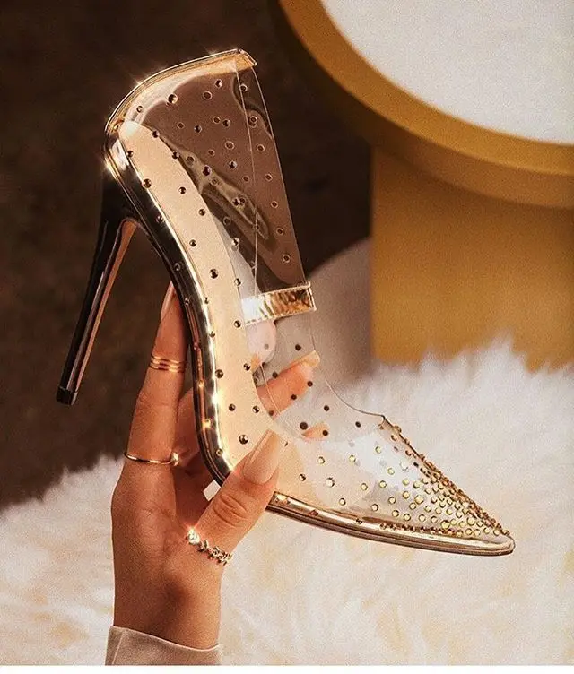 

Golden Rhinestone PVC transparent Women Pumps Shoes Spring Autumn High Heels PVC Sexy Party Wedding shoes size 41 42
