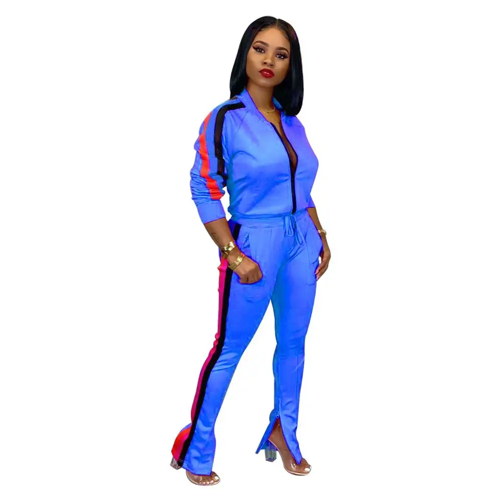 blue 2 piece set Adogirl боковая полоса Модный повседневный комплект из двух предметов женский спортивный костюм куртка на молнии с длинными рукавами Толстовка Топ молния разрез брюки - Цвет: blue 2 piece set