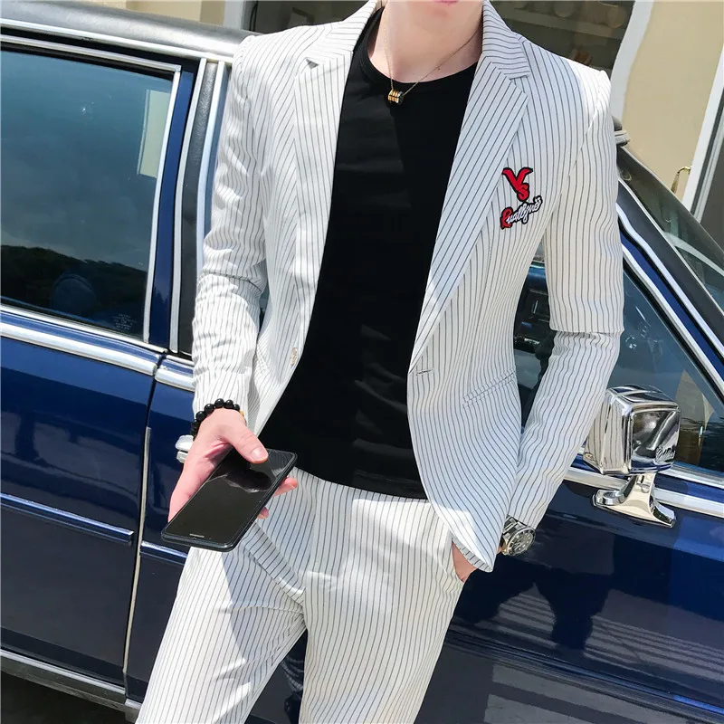 

Spring Stripe Suit Men Wedding Suits for Men 2 Pcs Mens Suits with Pants Korea Slim Fit Dress Prom Tuxedo Costume Homme Terno