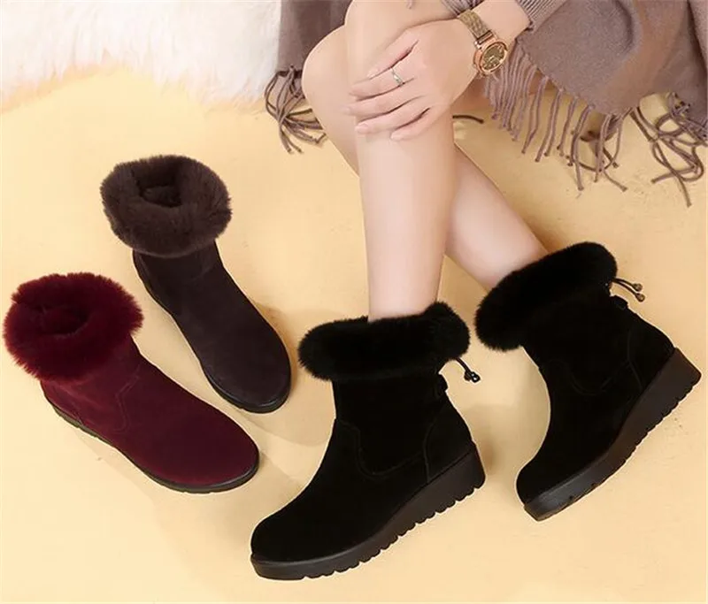 New Winter Rabbit Fur Top Matte Cowhide Leather Boots Women Snow Boots Fashion Casual Flat Boots Winter Shoes Women Boots