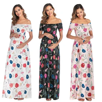 

One-shoulder Sexy Printed Short Sleeve Dress for Pregnant Women Short Sleeve Off Shoulder Print Maternity Dress