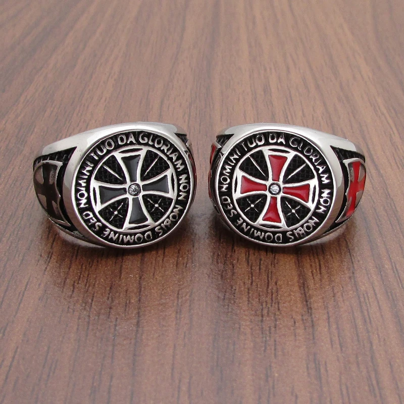 Unique 316L Stainless Steel Knights Templar Ring Custom Design Wholesale Price Shield Black Epoxy Clean Zircon Red Cross Rings 3