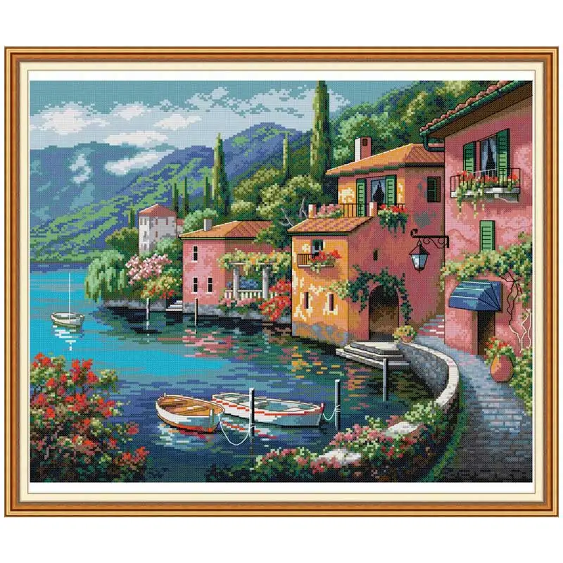

Colorful house by the water printed on the canvas DMC 11CT 14CT DIY kit Cross Stitch embroidery needlework Sets home decor